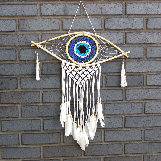 Caça-sonhos - Med Macramé Evil Eye Azul / Branco / Preto