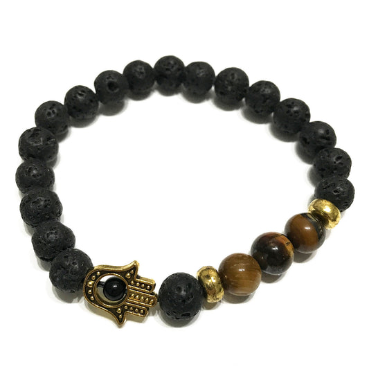 Pulseira de Pedra de Lava - Hamsa - Olho de tigre