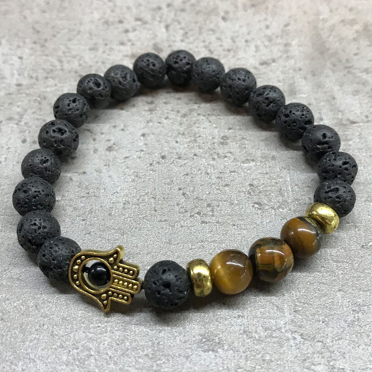 Pulseira de Pedra de Lava - Hamsa - Olho de tigre