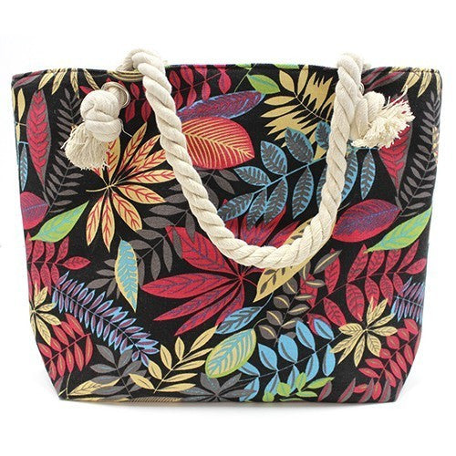 Bolso shopper com asa de corda - flores vermelhas e azuis